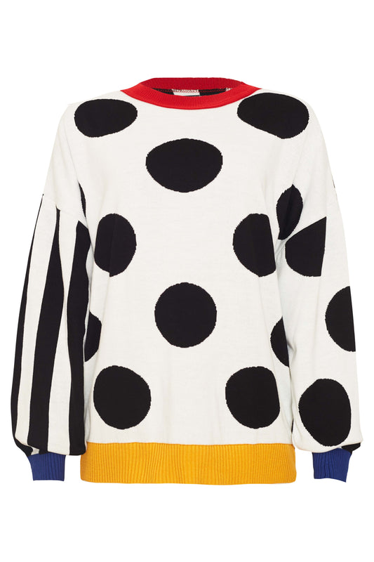  Andy, is a oversized jumper with a black and white pattern, faced with so much beauty and madness, don't get confused, the front of the piece is completely powdered, while the back is completely striped! This bold cardigan have red, blue and yellow details, the wrists inseam is blue while the bottom inseam in yellow and the collar is red. 