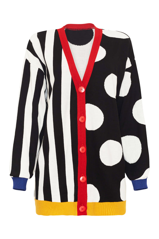 Colorful cardigan with bold colors, with a mix of two different pattern stripes and polka dot in black and white, hands inseam in blue, cardigan inseam in yellow and button inseam and buttons  in red. Cardigan fits from S to 2XL, fits plus size cardigan. 
