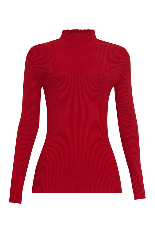 Red turtleneck made of knit fabric. With a fit fitting.