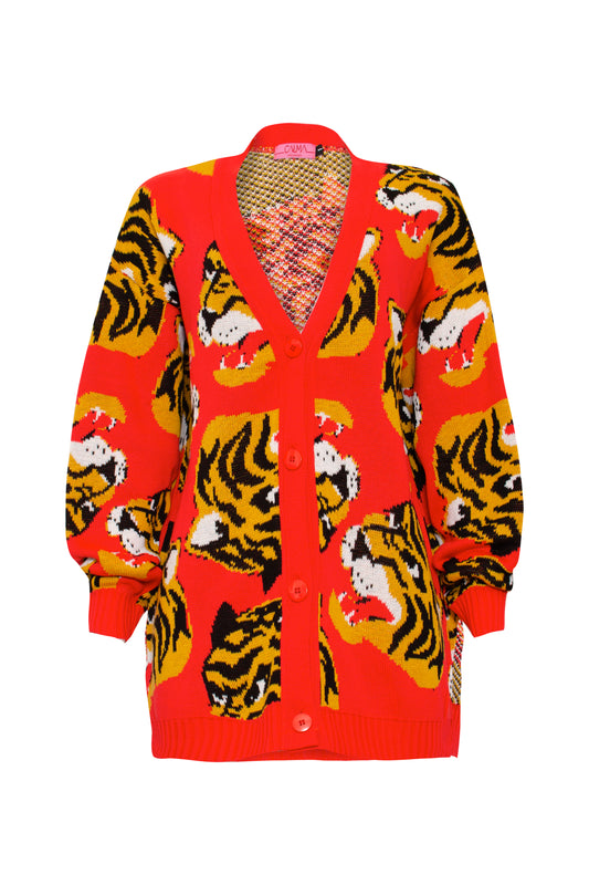Colorful cardigan with bold print, red background with yellow tiger faces printed, the cardigan is open by 4 big buttons all in red merging with the red background. Cardigan fits from S to 2XL, fits plus size cardigan.