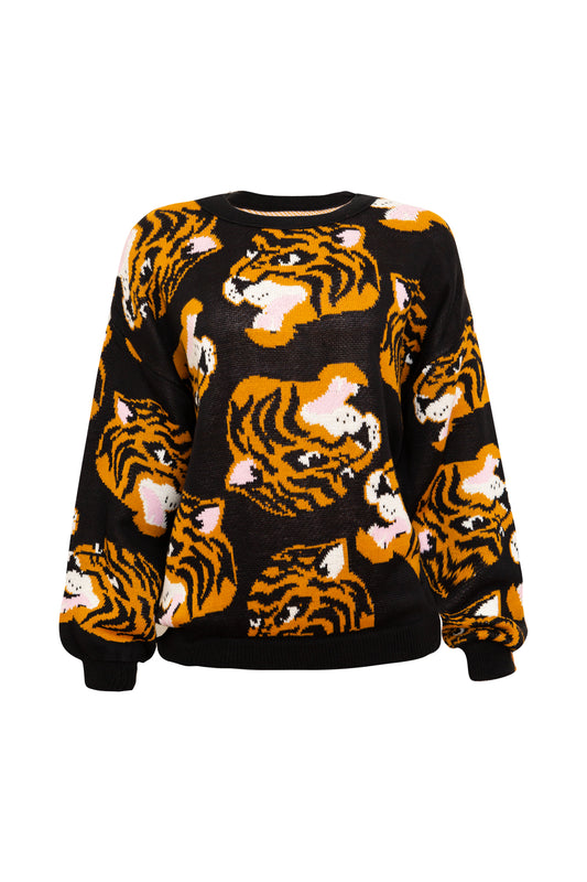 Jumper printed front and back. Black background with yellow tiger heads, cool and with that vintage touch. Delicious texture, round neckline and long sleeves, with a collar and hem in ribbed fabric.