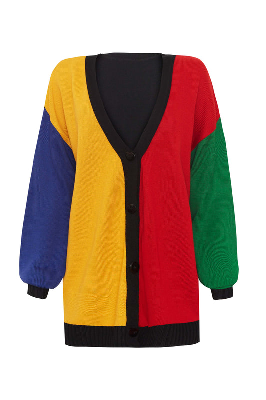 Colorful cardigan with bold colors, with a mix of five different colors, black as the primary covering the back of the cardigan the hands and the buttons inseams, with one arm green, one arm blue, and the front half yellow, half red, looking like a Mondrian painting. Cardigan fits from S to 2XL, fits plus size cardigan.